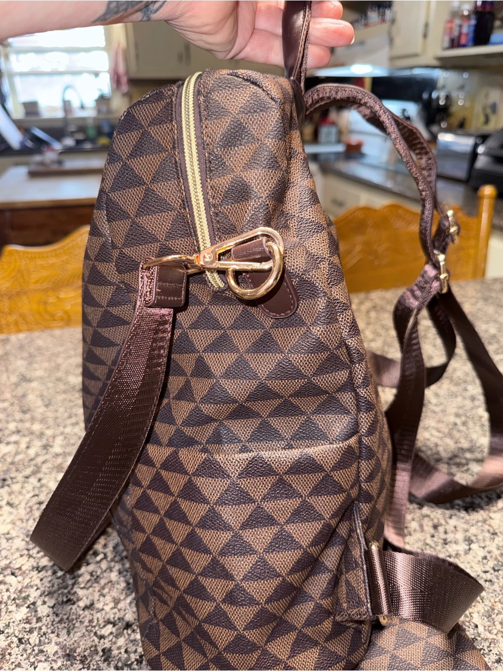 Brown Geometric Pattern Convertible Backpack - Picture 3 of 7